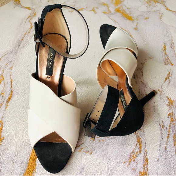 Zara Open-Toe Black and White Heels with Adjustable Strap - Picture 6 of 10